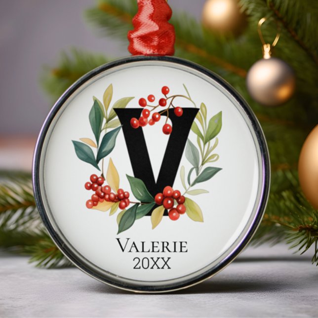 Monogram Initial Letter V Berry Wreath Christmas Ornament Aus Metall (Von Creator hochgeladen)
