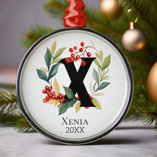 Monogram Initial Letter X Berry Wreath Christmas Ornament Aus Metall