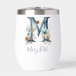 Monogram Initial M Blue Floral Watercolor Gift Ihr