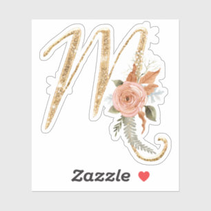 Monogram Initial M Gold Glitzer Peony Rose Floral Aufkleber