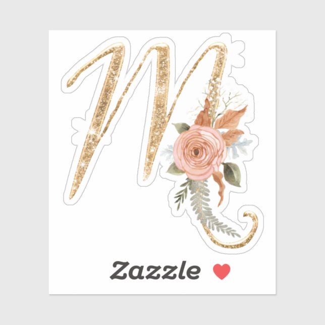 Monogram Initial M Gold Glitzer Peony Rose Floral Aufkleber (Blatt)