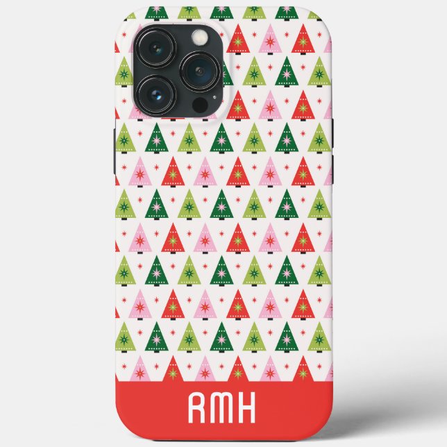 Monogram Initial Merry & Mod Retro Weihnachtsbaum Case-Mate iPhone Hülle (Rückseite)