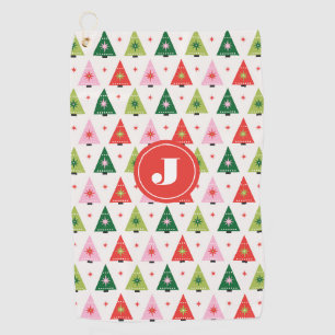 Monogram Initial Merry & Mod Retro Weihnachtsbaum Golfhandtuch