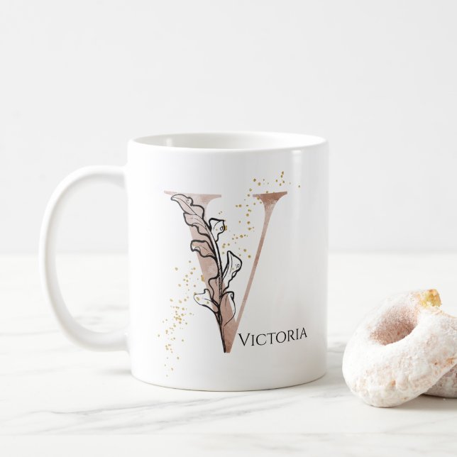 Monogram Initial Modern Letter V Boho Personalisie Kaffeetasse (Mit Donut)
