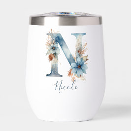 Monogram Initial N Blue Floral Watercolor Geschenk
