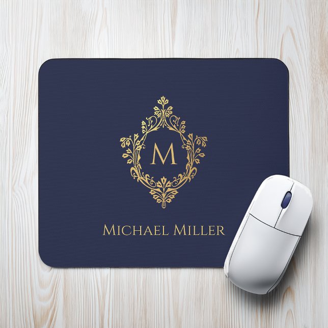 Monogram Initial Navy Blue Imitats Gold Wappen Ele Mousepad (Von Creator hochgeladen)