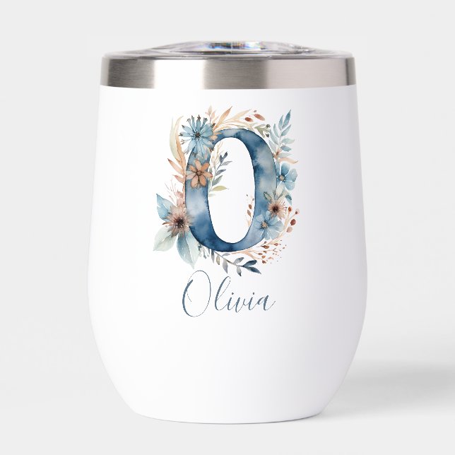 Monogram Initial O Blue Floral Watercolor Gift Ihr (Vorderseite)