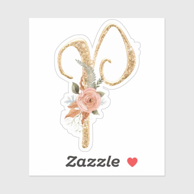 Monogram, Initial P Gold Glitzer Peony Rose Floral Aufkleber (Blatt)
