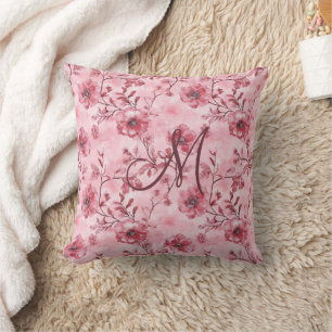 Monogram Initial Pink Rose Burgundy Florals Kissen