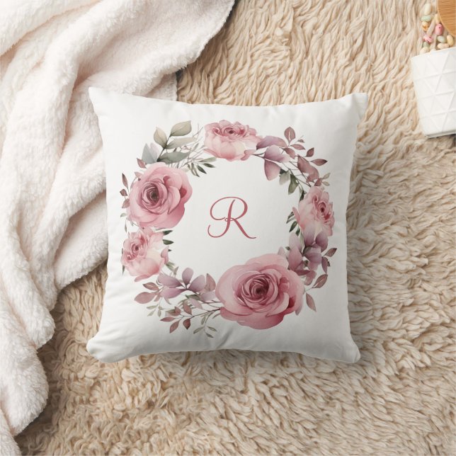 Monogram, Initial Pink Roses Grüne Wasserfarbe Kissen (Decke)