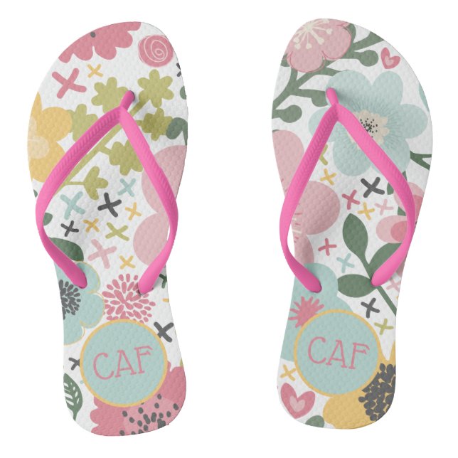 Monogram Initial Pink Yellow Blue Green Floral Flip Flops (Fußbett)