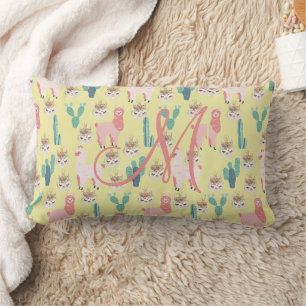 Monogram Initial Pink Yellow Llama Kinderzimmer fü Lendenkissen