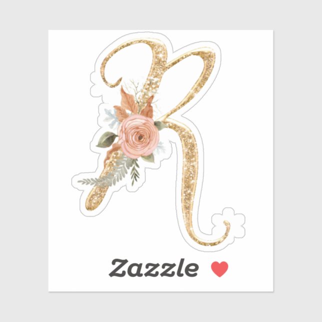 Monogram Initial R Gold Glitzer Peony Rose Floral Aufkleber (Blatt)
