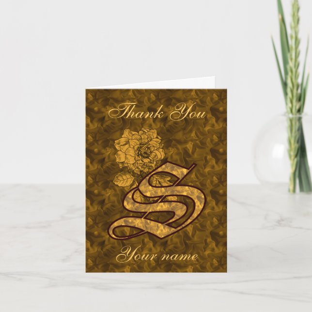 Monogram Initial S Gold Satin Peony Personalized Dankeskarte (Vorderseite)