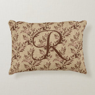 Monogram, Initial Script Brown Rose Gold-Blätter Dekokissen