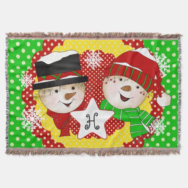 Monogram Initial Snowmen auf klassischem Dot Throw Decke (Vorderseite)
