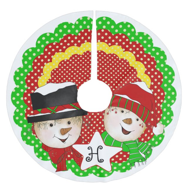 Monogram Initial Snowmen auf klassischem Dot Tree  Polyester Weihnachtsbaumdecke (Vorderseite)