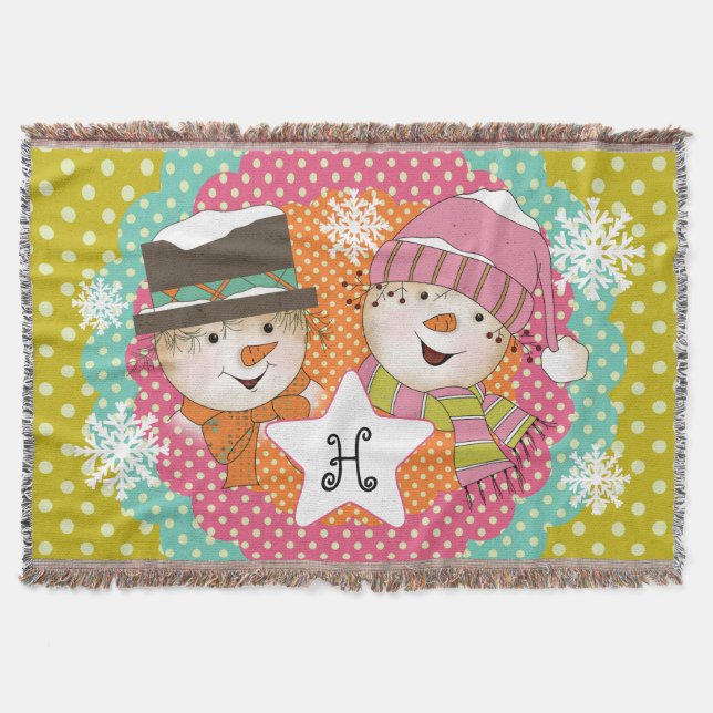 Monogram Initial Snowmen auf Multi-Dot-Throw Decke (Vorderseite)