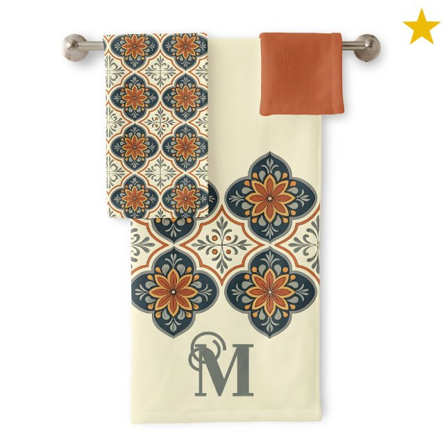 Monogram Initial Spanish Tiles Flower Pattern  Badhandtuch Set (Von Creator hochgeladen)