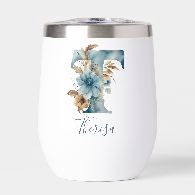 Monogram Initial T Blue Floral Watercolor Geschenk (Vorderseite)