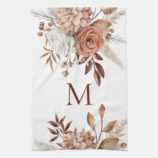 Monogram Initial Terracotta Florals Pampas Geschirrtuch (Vertikal)