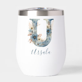 Monogram Initial U Blue Floral Watercolor Geschenk
