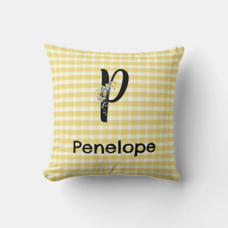Monogram initial watercolor flower gingham pattern kissen