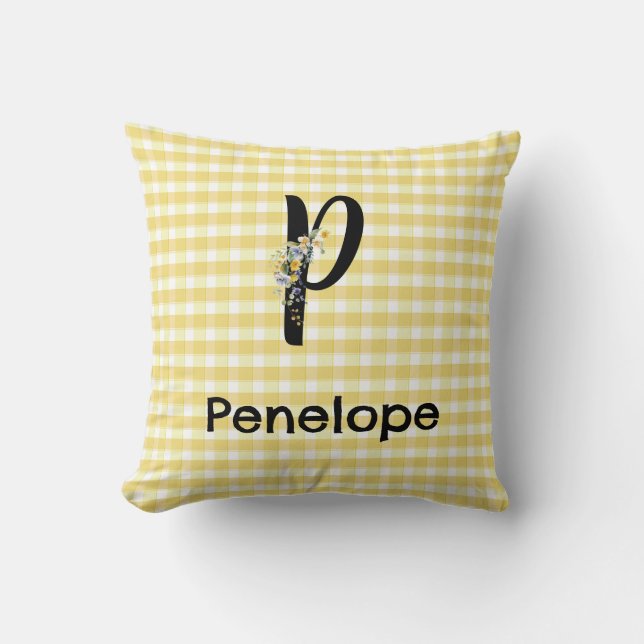 Monogram initial watercolor flower gingham pattern kissen (Vorderseite)