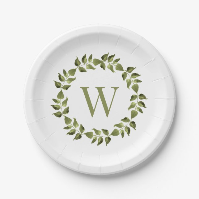 Monogram, Initial Wedding Botanical Green Kranz Pappteller (Vorderseite)