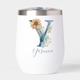 Monogram Initial Y Blue Floral Watercolor Geschenk