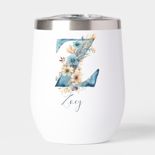 Monogram Initial Z Blue Floral Watercolor Gift Ihr (Vorderseite)
