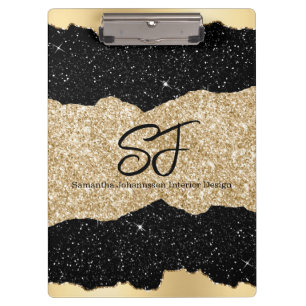 Monogram-Initialen auf Black and Gold Glitzer Klemmbrett