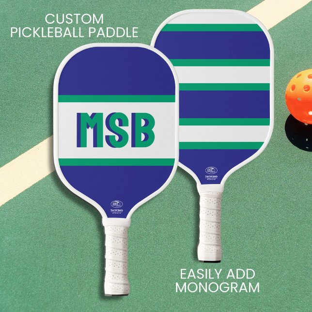 Monogram-Initialen, Fun Green Blue Streifen, Custo Pickleball Schläger (Von Creator hochgeladen)