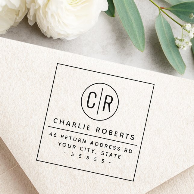 Monogram Initialen Moderne minimale Rücksendeadres Gummistempel (Monogram initials modern minimal return address rubber stamp)