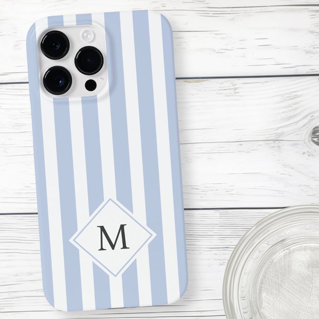 Monogram Initialen staubige hellblaue Streifen Case-Mate iPhone Hülle (Monogram initials dusty light blue white stripes Case-Mate iPhone case)