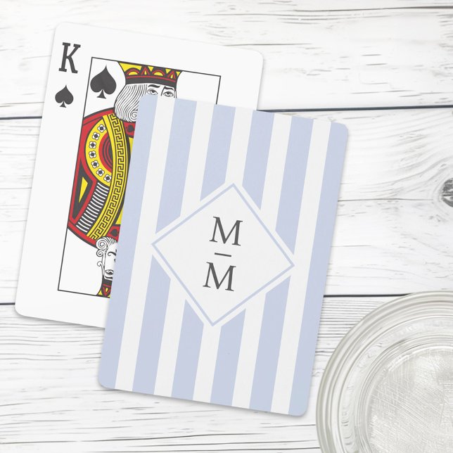Monogram Initialen staubige hellblaue Streifen Spielkarten (Monogram initials dusty light blue white stripes playing cards)