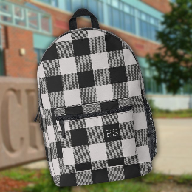 Monogram Initials Black Gingham Buffalo Karo Bedruckter Rucksack (Von Creator hochgeladen)