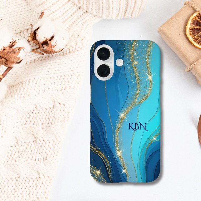 Monogram Initials Blue Gold Glitzer Case-Mate iPhone Hülle (Blue Gold Glitter iPhone 16 15 14 13 12 11 case. Monogram it with her initials)