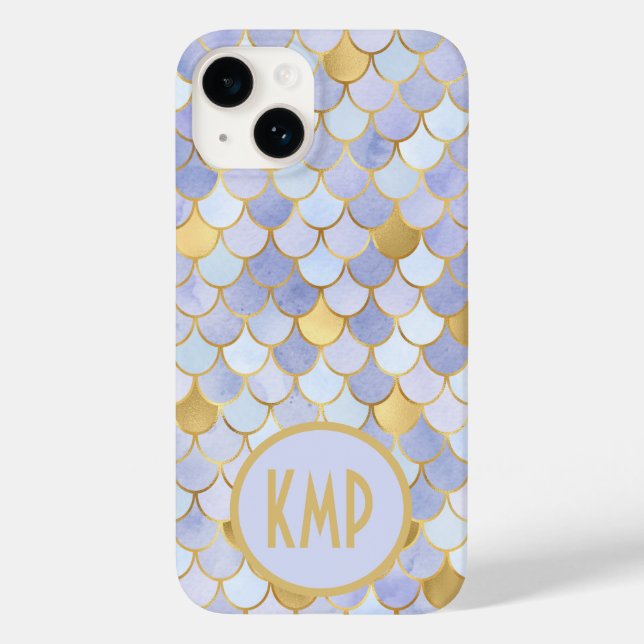 Monogram Initials Blue Gold Mermaid Scales Case-Mate iPhone Hülle (Rückseite)