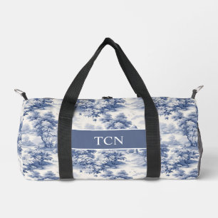 Monogram Initials Blue White Toile Pattern Duffle Bag