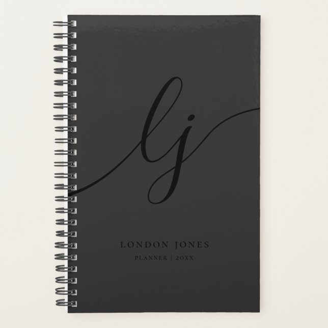 Monogram Initials Business Black Calligraphy Planer (Vorderseite)