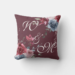 Monogram Initials Dusty Rose Blue Floral Burgundy Kissen