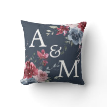 Monogram Initials Dusty Rose Blue Floral Dark Blue