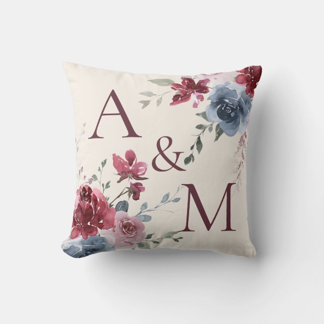 Monogram Initials Dusty Rose Blue Floral Ivory Kissen (Vorderseite)