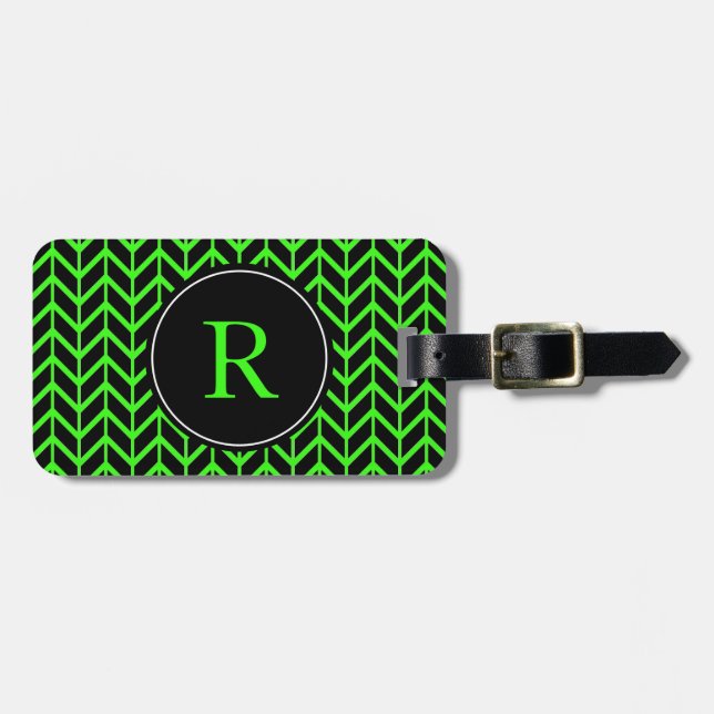 Monogram Initials Herringbone Pattern Neon Green Gepäckanhänger (Vorderseite horizontal)