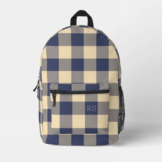 Monogram Initials Lila Gingham Buffalo Karo Bedruckter Rucksack (Vorderseite)