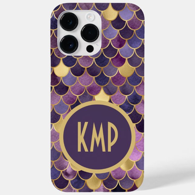 Monogram Initials Lila Gold Mermaid Scales Case-Mate iPhone Hülle (Rückseite)