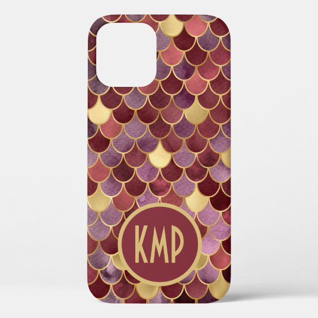 Monogram Initials Lila Gold Red Mermaid Scales Case-Mate iPhone Hülle (Rückseite)