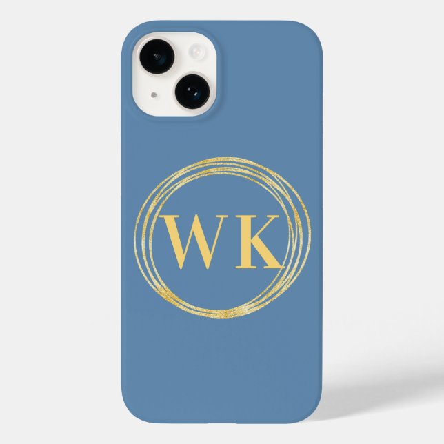 Monogram Initials Modern Dusty Blue Gold Circles Case-Mate iPhone Hülle (Rückseite)