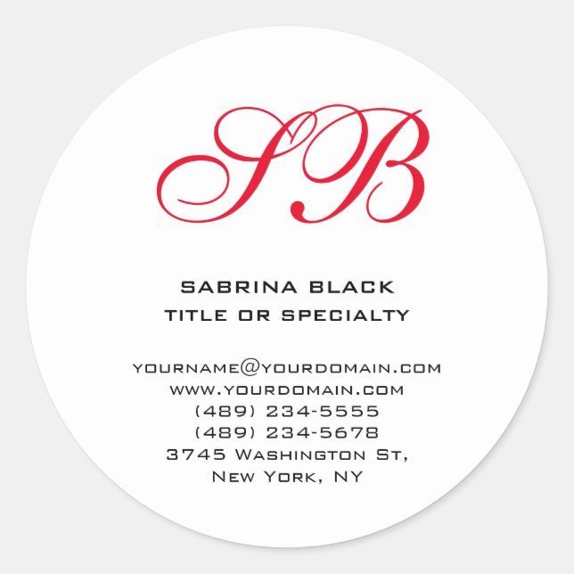 Monogram Initials Name Adresse E-Mail Telefon Runder Aufkleber (Vorderseite)